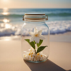 A Captivating Jasmine Jar Amidst Beach Serenity AI GENERATED