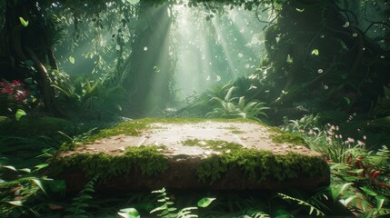 Mystical stone platform in the middle of a lush jungle