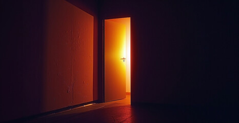 Dark Room, Light Coming In Through an Open Door - New Possibilities, Hope, Overcome Problems, Solution Finding Concept
