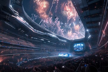 Futuristic stadium with fireworks and large crowd