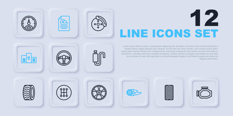 Set line Car tire wheel, Check engine, Racing steering, Wheel fire flame, Award over sports winner podium, Gear shifter, helmet and Alloy for car icon. Vector