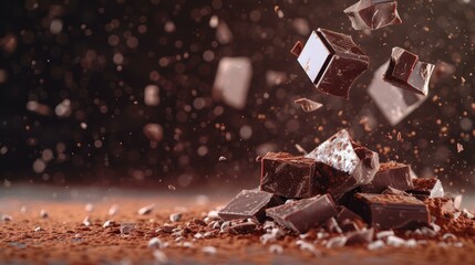 A pile of dark chocolate chunks with cocoa powder - obrazy, fototapety, plakaty