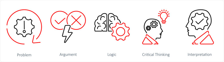 A set of 5 Critical Thinking icons as problem, argument, logic
