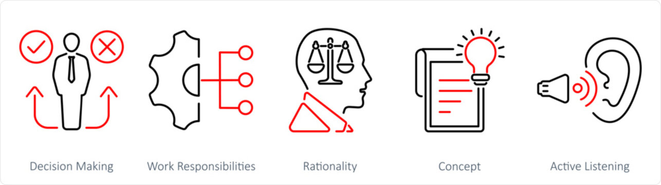 A Set Of 5 Critical Thinking Icons As Decision Making, Work Responsibilities, Rationality