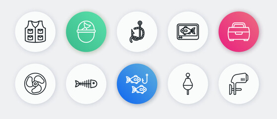 Set line Fishing hook with fish, Case or box for fishing equipment, Outboard boat motor, float, finder echo sounder, and worm, and skeleton icon. Vector