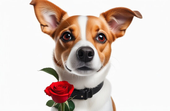 Cute dog with a red rose on a white background with copy space. Banner for Valentine's Day, Mother's Day, Women's Day, Birthday