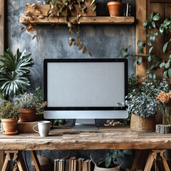 Natural Workspace: Computer Screen Mockup on Wooden Table