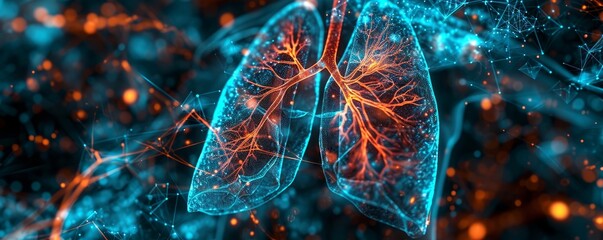 futuristic medical research or lungs health care with diagnosis and vitals biometrics for clinical hospital asthma and respiratory cancer and disease tests services as wide banner, Generative AI - obrazy, fototapety, plakaty