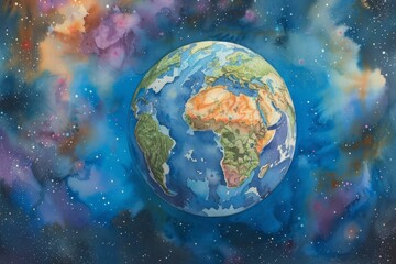 Artistic watercolor painting of planet Earth from space with stars and colorful nebula