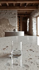 An empty cup on the table in a room with stone walls and wooden beams