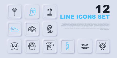 Set line Vampire teeth, Spider, Pumpkin, Candy, Moon stars, Frankenstein face, Ghost and Shirt with skull icon. Vector