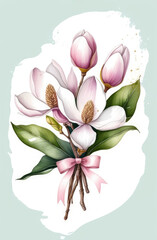 Watercolor bouquet of magnolia branch tide up by purple ribbon on white background, Botanical herbal illustration for wedding or greeting card, Wallpaper, wrapping paper design, textile, scrapbooking