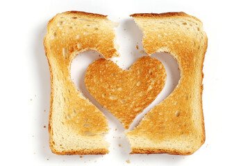 Piece of toasted bread in the shape of a heart, broken in half