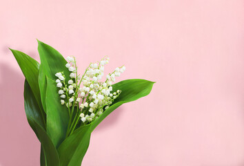 Spring bouquet of lilies of the valley isolated on a pink background with copy space for...