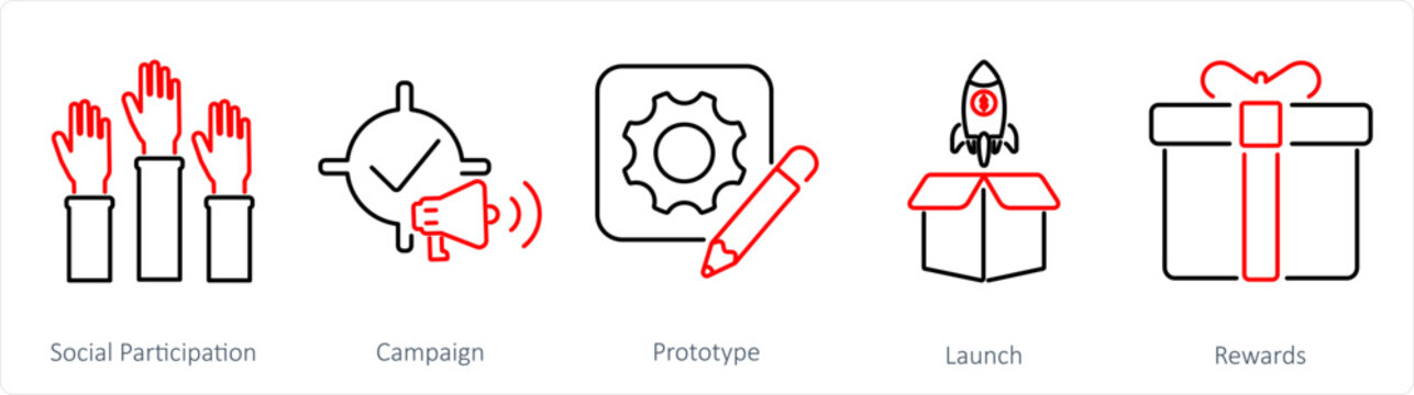 A set of 5 Crowdfunding icons as social partcipation, campaign, prototype