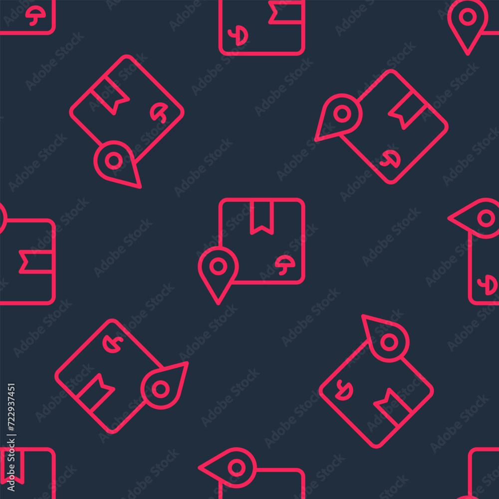 Poster red line location with cardboard box icon isolated seamless pattern on black background. delivery se