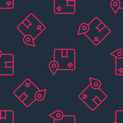 Red line Location with cardboard box icon isolated seamless pattern on black background. Delivery services, logistic and transportation, distribution. Vector