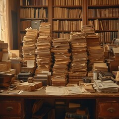 Stacks of old books and documents in a library
