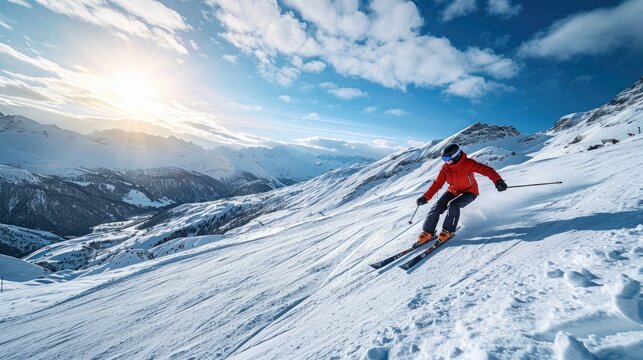 a skier gracefully descending down a piste in a breathtaking Alpine landscape, winter sports, ski jumping