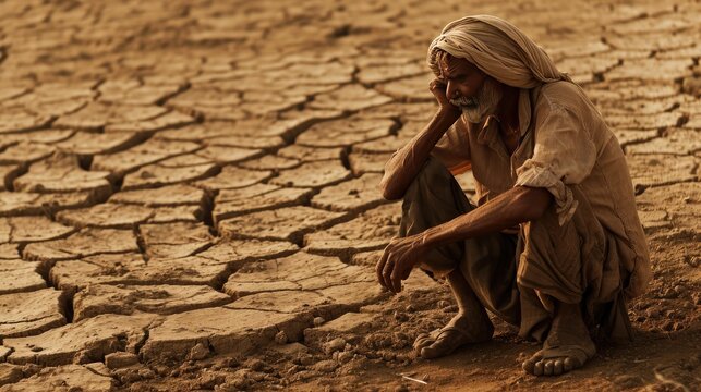 Indian Farmer Sitting on Arid, Barren Farmland, Depicting Agricultural Hardship and Drought Crisis in Rural Area