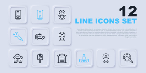Set line Location taxi car, Search, Taxi, service rating, Wrench spanner, Parking, Infographic of city map and Garage for icon. Vector