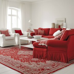 Bright red oriental rug in a white living room