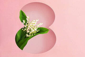 Women's Day March 8 with  lily of the valley flowers on pink background inside the number eight. Spring flowers for a greeting card. - obrazy, fototapety, plakaty