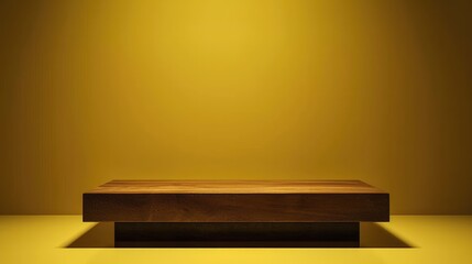 empty wooden podium, placed on a deep yellow background, product presentations