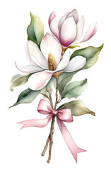 Watercolor bouquet of magnolia branch tide up by purple ribbon on white background, Botanical herbal illustration for wedding or greeting card, Wallpaper, wrapping paper design, textile, scrapbooking