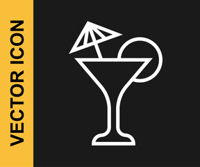 White line Martini glass icon isolated on black background. Cocktail icon. Wine glass icon. Vector