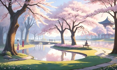 Spring tranquility in a traditional Japanese garden with cherry blossoms. National Japanese holiday - Hanami. AI illustration.
