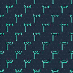 Green line Paper mustache on stick icon isolated seamless pattern on blue background. Concept with cardboard carnival mask. Mask for a photo shoot. Vector