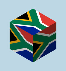 Isometric cube with flag of Republic of South Africa. Isolated vector illustration.