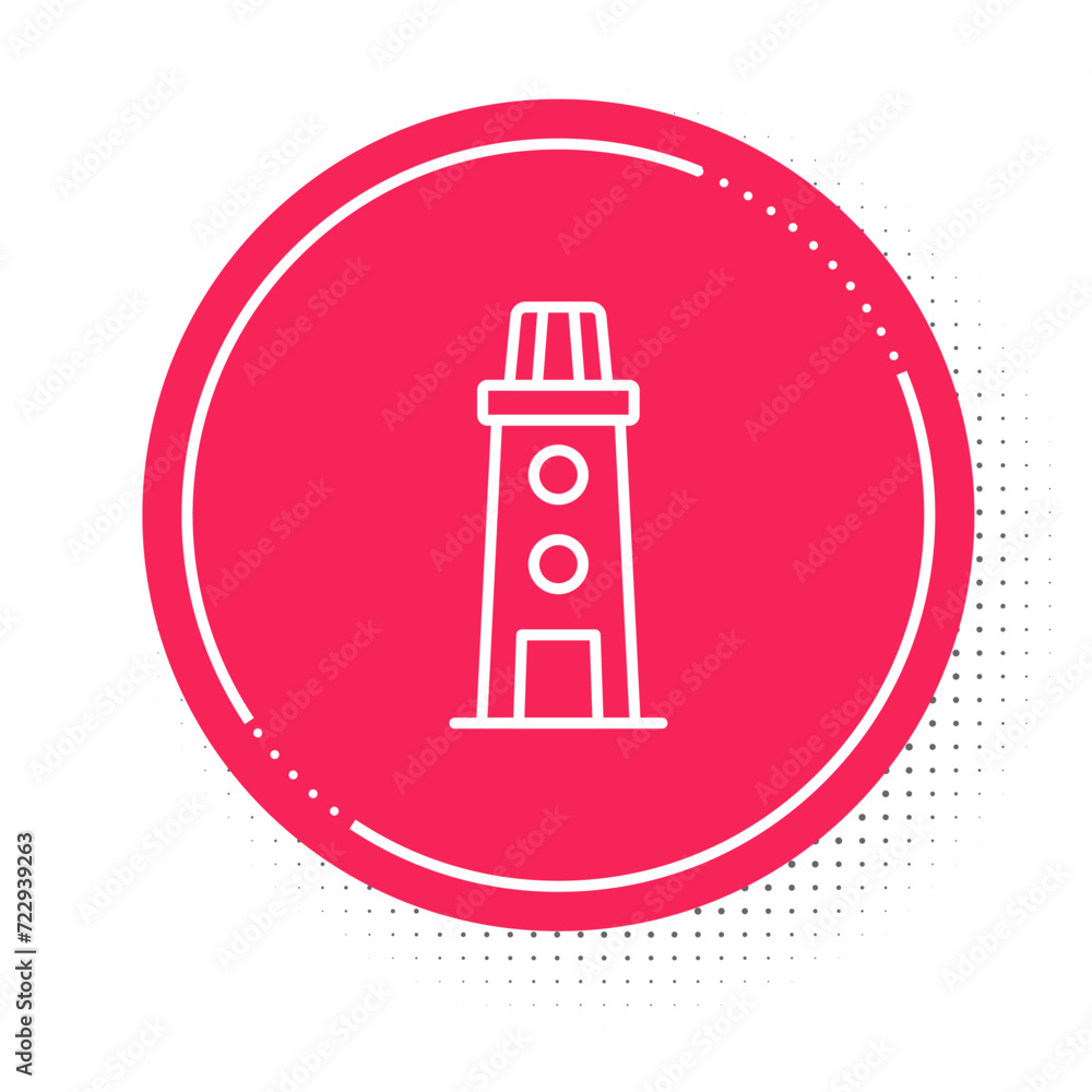 Poster white line lighthouse icon isolated on white background. red circle button. vector