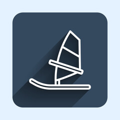 White line Windsurfing icon isolated with long shadow background. Blue square button. Vector