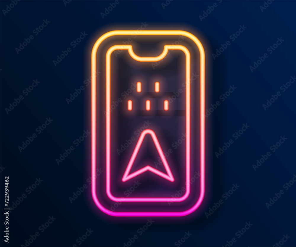 Poster glowing neon line infographic of city map navigation icon isolated on black background. mobile app i