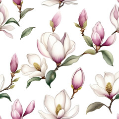magnolia blossom isolated on white background, Pattern with floral plants. Wallpaper, wrapping paper design, textile, scrapbooking, minimalist watercolor illustration for wedding or greeting card