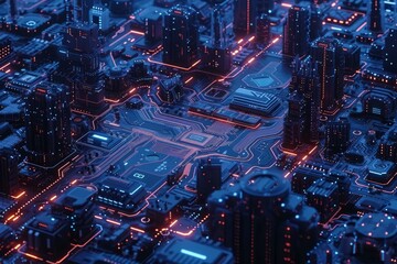 A glowing blue and red circuit board city - obrazy, fototapety, plakaty