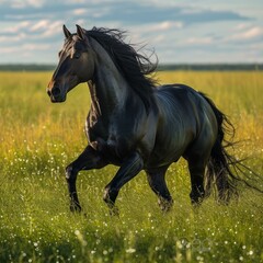 A beautiful black horse is running in the green field