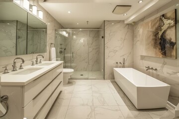 Fototapeta na wymiar Modern bathroom with marble tiles and a large bathtub