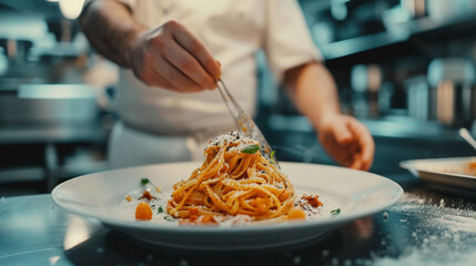100 grams of spaghetti, intertwined with mozzarella and spices. Illustration of the menu, Italian cuisine. Beautiful presentation. Culinary art. Homemade food. - obrazy, fototapety, plakaty