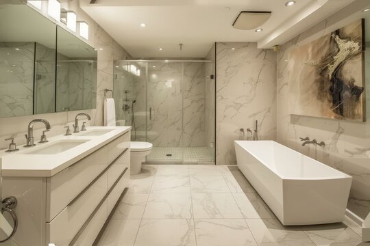 Modern bathroom with marble tiles and a large bathtub