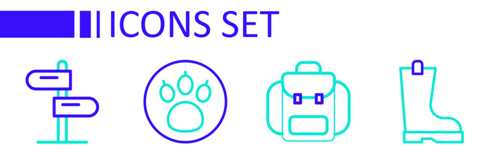 Set line Waterproof rubber boot, Hiking backpack, Paw search and Road traffic sign icon. Vector