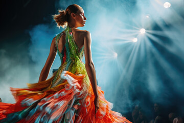 beautiful model walking on runway fashion show in designed dress