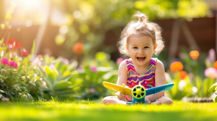 Little girl playing with a toy airplane in the garden