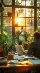 Man looking at blueprints in a greenhouse