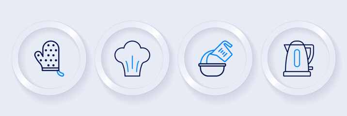 Set line Electric kettle, Measuring cup and bowl, Chef hat and Oven glove icon. Vector
