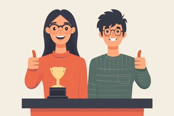 Two happy students celebrating their victory with a trophy