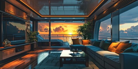 luxury interior of a contemporary design of a living room or space inside a yacht or a sea view terrace apartment for interior design or tourism trip cruise, Generative AI