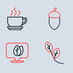 Set line Acorn, Location with leaf, Leaf and Coffee cup icon. Vector